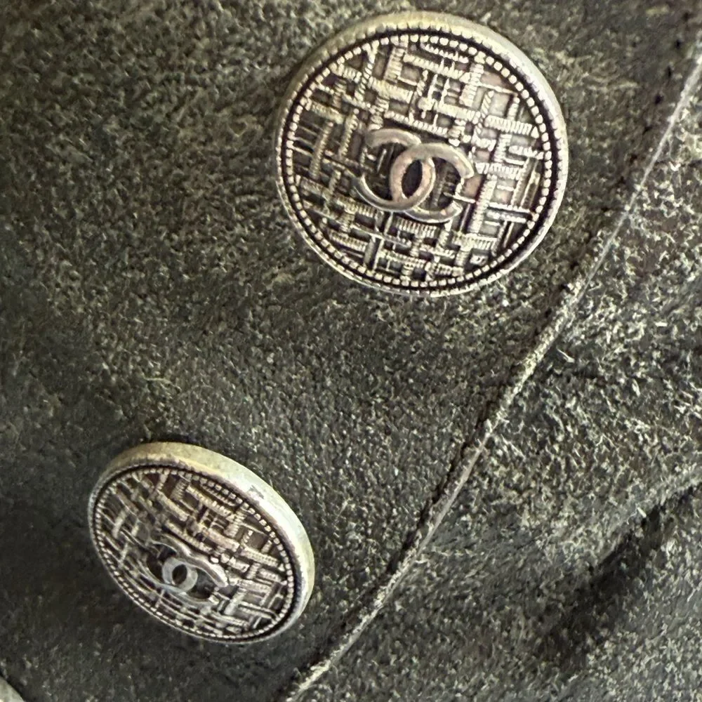 Chanel Women’s Gray Distressed Suede Leather Ankle Boots with CC Logo Buttons.
